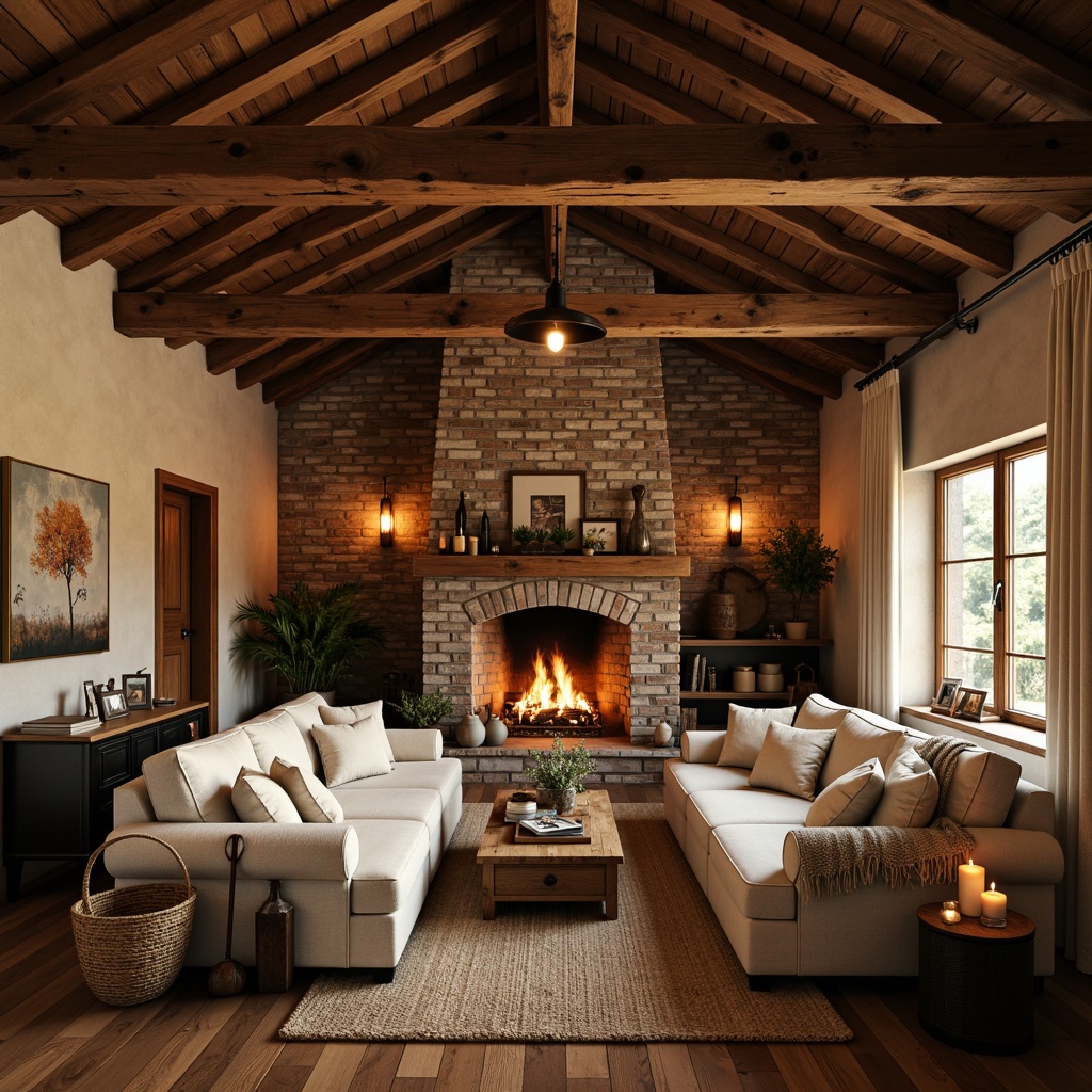 Prompt: Rustic farmhouse interior, warm earthy tones, wooden beams, vintage farm tools, cozy living room, plush couches, woven baskets, soft candlelight, pendant lamps, industrial metal shades, exposed brick walls, stone fireplaces, natural linen fabrics, distressed wood accents, warm beige colors, golden hour lighting, shallow depth of field, 1/2 composition, realistic textures, ambient occlusion.