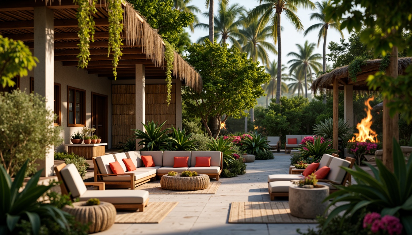 Prompt: Lush tropical foliage, exotic palm trees, vibrant floral arrangements, natural wood accents, woven rattan furniture, colorful tiki torches, woven bamboo walls, earthy terracotta pots, distressed wooden planks, rustic rope details, soft warm lighting, shallow depth of field, 1/2 composition, cinematic colors, realistic render, ambient occlusion.