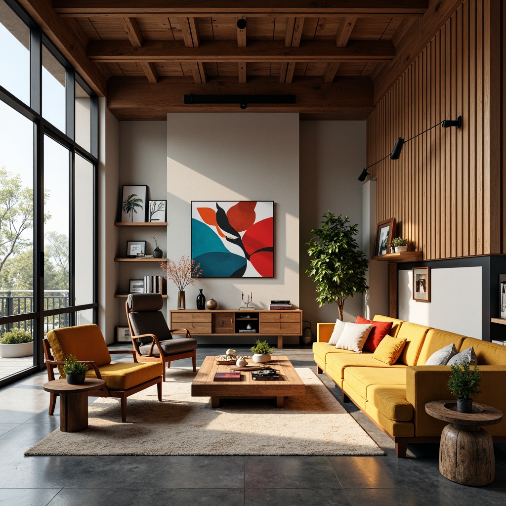 Prompt: Vibrant artistic studio, eclectic furniture pieces, abstract artwork, rich wood accents, bold color blocking, contrasting textures, natural light pouring in, large windows, sliding glass doors, polished concrete floors, modern industrial chic, urban loft atmosphere, soft warm lighting, high contrast ratio, 1/2 composition, cinematic mood, realistic rendering.