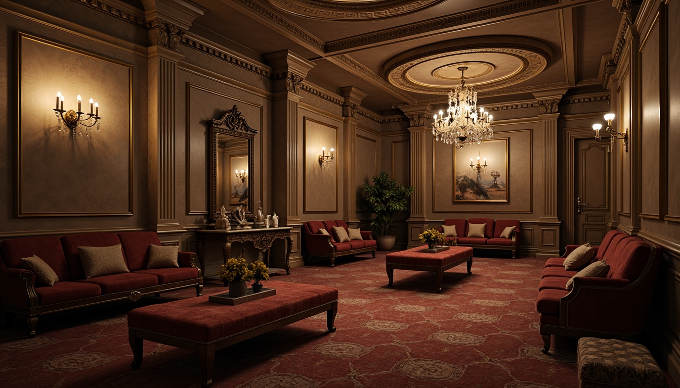 Prompt: Ornate basement, neoclassical style, intricately molded walls, decorative pilasters, fluted columns, ornamental ceiling, crystal chandeliers, luxurious furnishings, rich velvet fabrics, antique furniture pieces, subtle warm lighting, soft shadows, realistic textures, ambient occlusion, 1/2 composition, medium shot, slightly blurred background.Let me know if this meets your requirements!