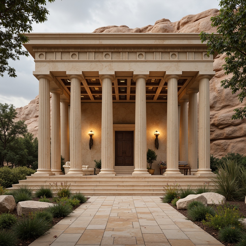 Prompt: Elegant ancient Greek temple, warm beige marble, soft golden lighting, rich walnut wood accents, ornate moldings, subtle cream textures, muted earthy tones, refined bronze details, subtle linen fabrics, intricate fresco patterns, majestic columns, symmetrical archways, serene natural surroundings, overcast sky, gentle diffused light, 1/1 composition, realistic renderings, subtle atmospheric effects.