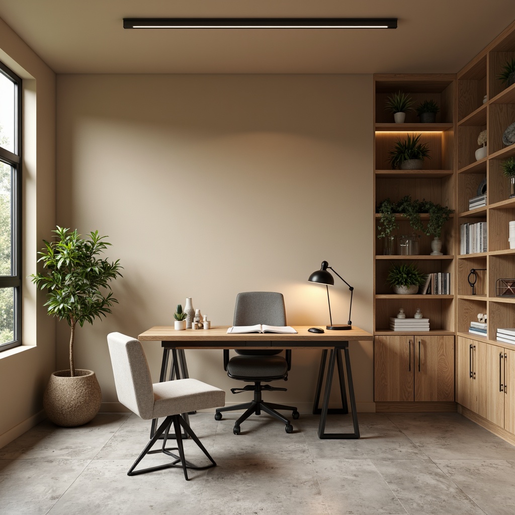 Prompt: Minimalist home office, wooden desk, ergonomic chair, natural wood textures, industrial metal legs, modern task lamp, warm beige walls, sleek glass shelves, minimalist bookcase, greenery plants, concrete floor, reclaimed wood accents, softbox lighting, 1/1 composition, realistic render, ambient occlusion.