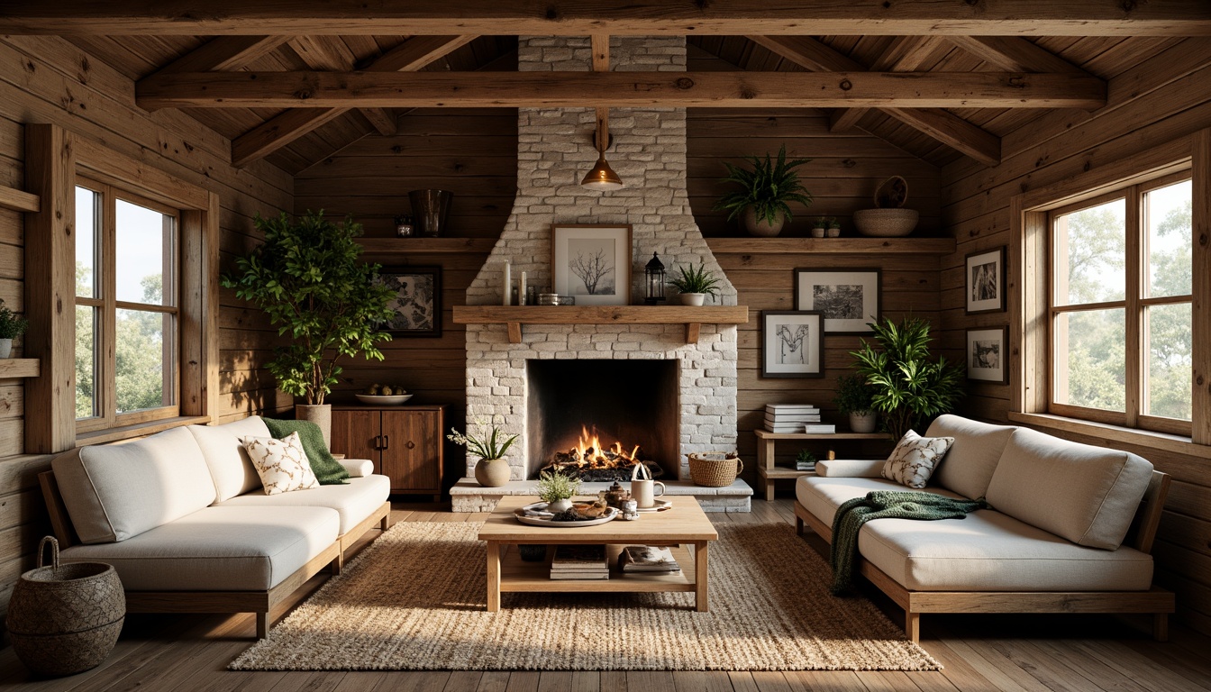 Prompt: Rustic cabin, wooden accents, natural textures, earthy tones, distressed finishes, vintage decor, reclaimed wood furniture, metal hardware, linen upholstery, woven baskets, potted plants, stone fireplace, warm ambient lighting, soft focus, shallow depth of field, 1/1 composition, cozy atmosphere.