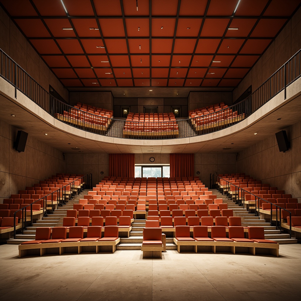 Prompt: Bauhaus-style amphitheater, curved seating arrangement, cantilevered staircases, bold geometric shapes, primary color accents, functional minimalism, exposed concrete structures, steel tube frames, leather-upholstered chairs, wooden benches, stepped platforms, dramatic spotlights, warm ambient lighting, 1/1 composition, low-angle shot, cinematic atmosphere, realistic textures, subtle shadowing.