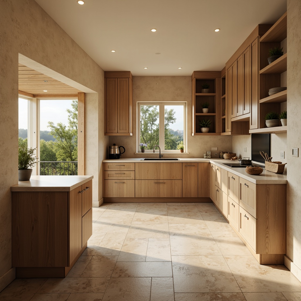 Prompt: Warm beige kitchen, natural stone flooring, subtle texture, earthy tones, wooden cabinetry, creamy countertops, soft warm lighting, 3/4 composition, panoramic view, realistic textures, ambient occlusion.