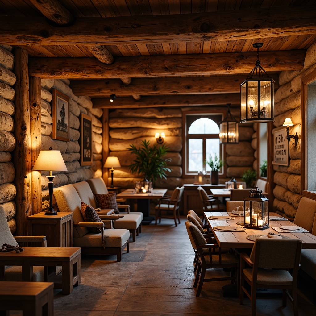 Prompt: Rustic wooden beams, vintage metal lanterns, warm candlelight, distressed wood accents, earthy color palette, natural stone walls, cozy cabin atmosphere, soft warm glow, table lamps with burlap shades, wrought iron chandeliers, pendant lights with mason jars, reclaimed wood tables, comfortable plush armchairs, nature-inspired decorative elements, rustic metal signs, warm beige tones, soft focus, shallow depth of field, 1/1 composition, inviting ambiance.