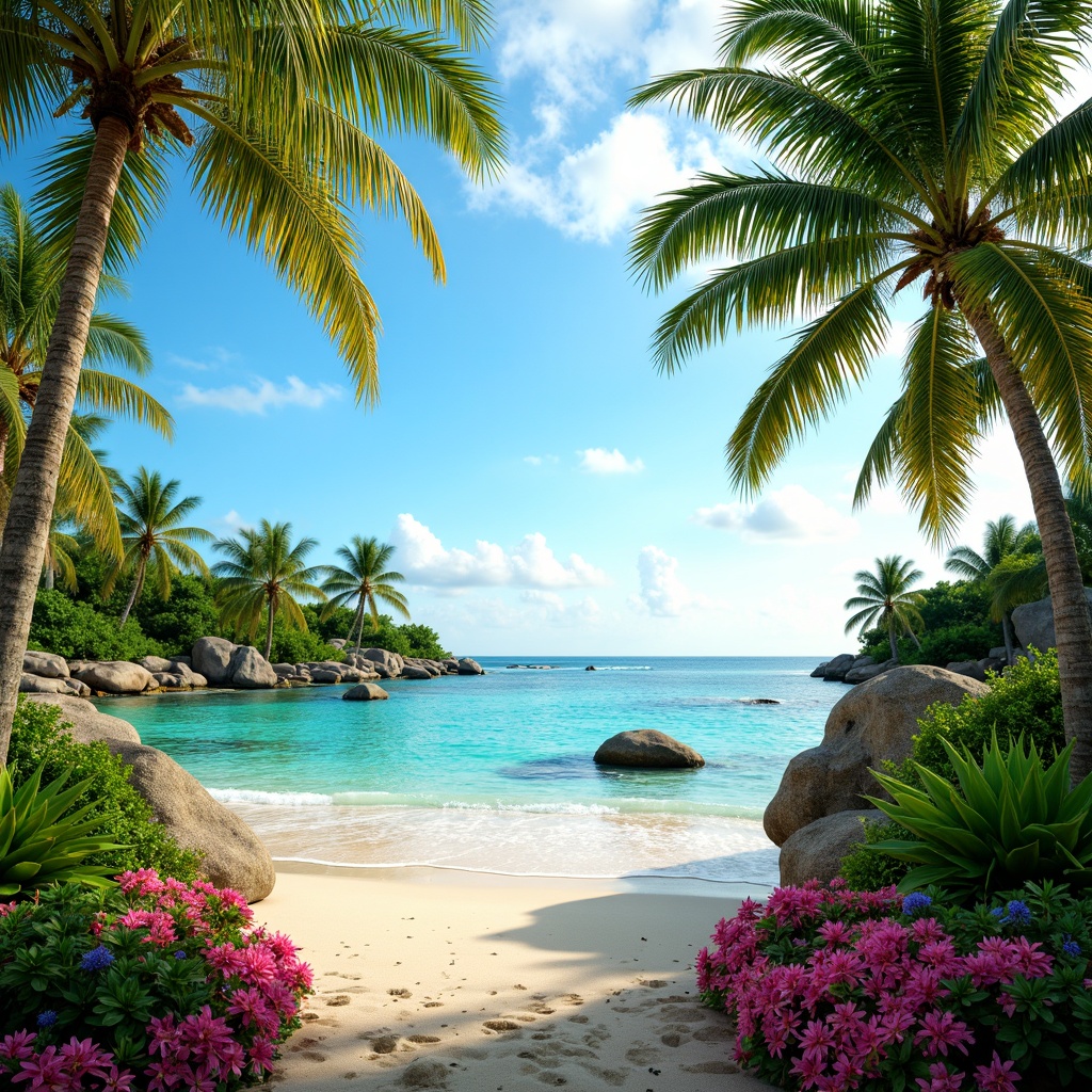 Prompt: Vibrant tropical paradise, lush greenery, bright coral reefs, turquoise ocean waves, warm sandy beaches, exotic palm trees, colorful floral patterns, bold geometric shapes, radiant sunshine, soft warm lighting, shallow depth of field, 3/4 composition, panoramic view, realistic textures, ambient occlusion, pastel pink hues, minty fresh tones, sunny yellow shades, creamy white accents, deep blue undertones.