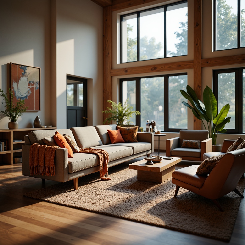 Prompt: Contemporary living room, plush sofas, ergonomic chairs, wooden coffee tables, minimalist decor, soft warm lighting, cozy throw blankets, vibrant accent pillows, natural wood flooring, floor-to-ceiling windows, sleek metal frames, modern art pieces, geometric patterns, textured rugs, comfortable seating areas, ambient atmosphere, shallow depth of field, 1/1 composition, realistic textures, stylish furniture legs, luxurious upholstery fabrics.