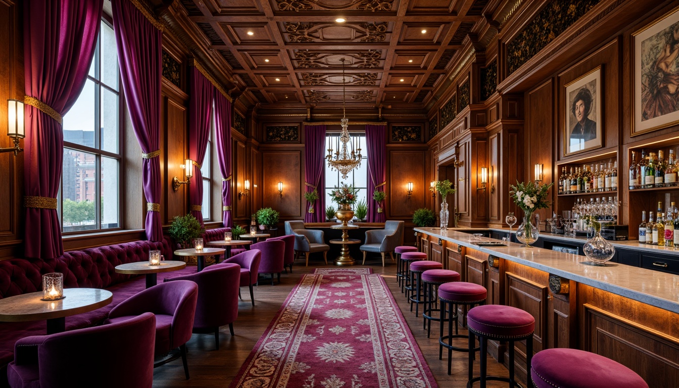 Prompt: Luxurious bar interior, rich wood tones, ornate carvings, velvet upholstery, tufted leather stools, antique brass fixtures, crystal chandeliers, intricate moldings, regal purple hues, gold accents, lavish drapery, patterned rugs, eclectic artwork, warm atmospheric lighting, dramatic high ceilings, opulent marble countertops.