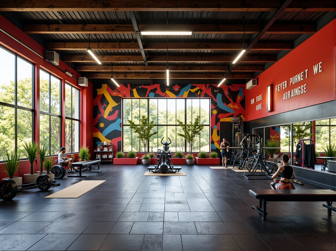 Prompt: Vibrant home gym, energetic atmosphere, bold color scheme, motivational quotes, modern fitness equipment, rubber flooring, industrial-chic decor, metal beams, reclaimed wood accents, large mirrors, floor-to-ceiling windows, natural light, bright colors, stimulating patterns, geometric shapes, dynamic lighting, 3/4 composition, shallow depth of field, panoramic view.