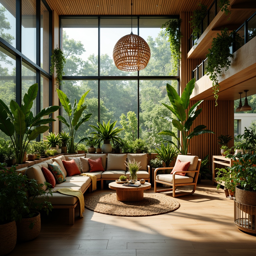 Prompt: Vibrant living room, lush greenery, potted plants, natural textiles, wooden furniture, earthy color palette, soft warm lighting, cozy atmosphere, floor-to-ceiling windows, urban jungle vibe, botanical accents, tropical patterns, rattan decor, woven baskets, minimal ornamentation, organic shapes, fresh flowers, ambient scenting, 1/1 composition, shallow depth of field, realistic rendering.