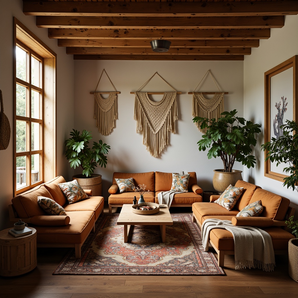 Prompt: Cozy living room, plush throw blankets, soft velvet sofas, natural wood accents, woven baskets, macrame wall hangings, earthy color palette, warm golden lighting, shallow depth of field, 1/1 composition, realistic fabric textures, ambient occlusion, comfortable reading nook, floor-to-ceiling windows, rustic wooden beams, nature-inspired patterns, vibrant colorful pillows, intricate geometric motifs.