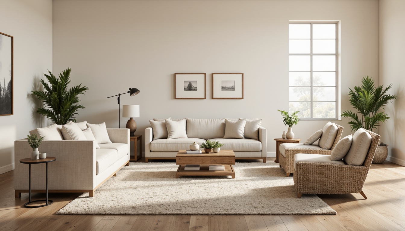 Prompt: Neutral-toned transitional interior, plush area rugs, comfortable sofas, accent chairs, wooden coffee tables, metal floor lamps, minimalist decor, creamy white walls, warm beige flooring, natural light pouring in, soft diffused lighting, 1/2 composition, intimate atmosphere, cozy textiles, subtle patterns, earthy tones, nature-inspired accents.