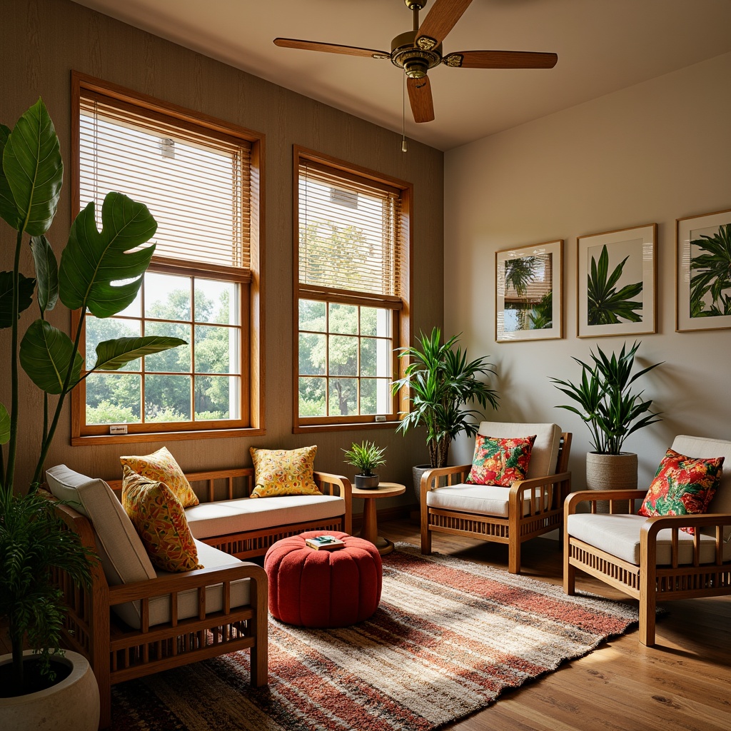 Prompt: Vibrant tropical interior, exotic wood furniture, woven rattan chairs, plush velvet sofas, natural fiber rugs, colorful tassel throw pillows, wooden blinds, lush greenery, botanical prints, warm beige walls, creamy white accents, brass metallic fixtures, ambient soft lighting, shallow depth of field, 1/2 composition, realistic textures.