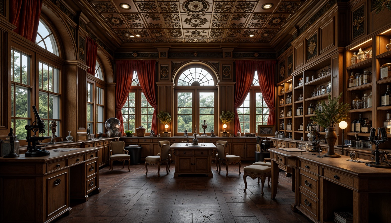 Prompt: Richly ornamented laboratory, lavish gold accents, intricate Baroque patterns, ornate metal fixtures, luxurious velvet drapes, rich wooden cabinetry, antique scientific instruments, vintage microscopes, mysterious apothecary jars, dim warm lighting, soft focus, 1/1 composition, intimate atmosphere, realistic textures, ambient occlusion.