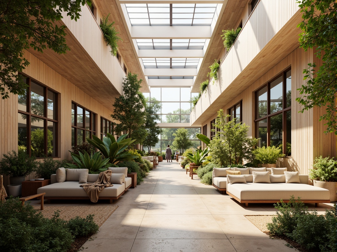 Prompt: Bright atrium, high ceiling, clerestory windows, natural ventilation, open floor plan, minimalist decor, warm beige tones, reclaimed wood accents, lush green walls, hanging plants, skylights, solar tubes, reflective surfaces, ambient lighting, soft shadows, 1/1 composition, shallow depth of field, realistic textures, morning sunlight, gentle warmth, inviting atmosphere.