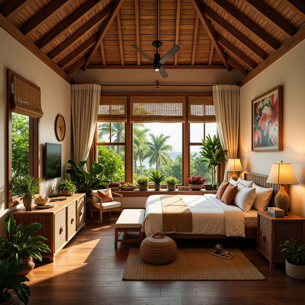 Prompt: Vibrant tropical bedroom, warm golden lighting, soft pastel hues, natural woven fibers, rattan furniture, lush greenery, exotic flowers, linen drapes, wooden shutters, distressed wood accents, woven bamboo blinds, coastal vibe, seaside inspiration, calming ambiance, warm white LED lights, table lamps with natural linen shades, floor lamps with wicker details, string lights with seashell accents, soft focus photography, 1/2 composition, intimate mood lighting.