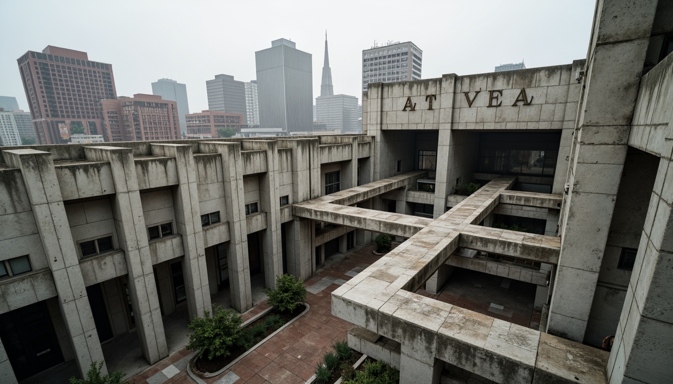 Prompt: Rugged brutalist architecture, exposed concrete columns, raw unfinished surfaces, angular geometries, fortress-like structures, monumental scale, urban cityscape, overcast sky, dramatic shadows, high-contrast lighting, bold graphic lines, industrial materials, weathered steel beams, reinforced concrete frames, minimalist ornamentation, functional simplicity, abstract sculptures, brutalist typography, urban grittiness.