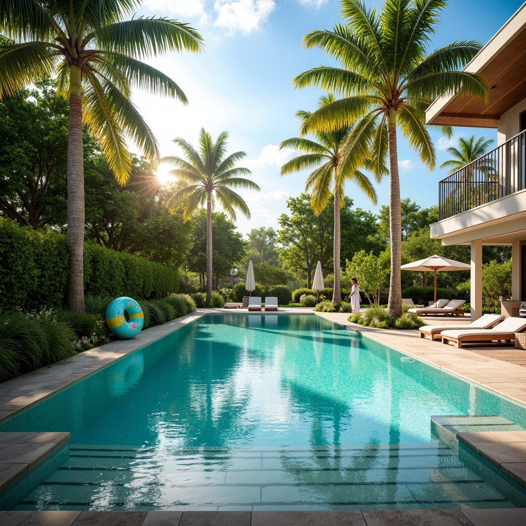 Prompt: Vibrant turquoise water, sleek modern pool design, surrounding lush greenery, tropical palm trees, sunny day, warm golden lighting, shallow depth of field, 3/4 composition, natural stone decking, glass tile accents, subtle gradient effects, calming ambiance, refreshing atmosphere, outdoor furniture, colorful pool floats, fun summer vibes.