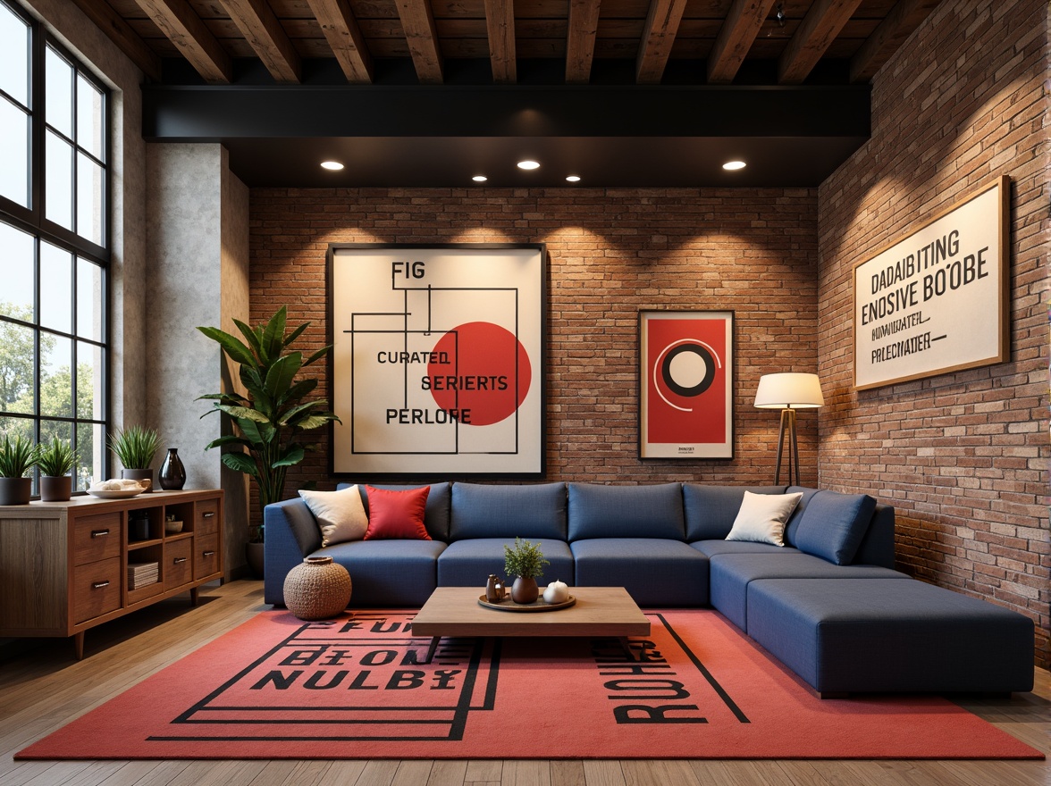 Prompt: Vibrant Bauhaus interior, primary color scheme, bold geometric shapes, clean lines, industrial materials, exposed brick walls, polished metal accents, minimalist decor, functional furniture, rectangular forms, monochromatic tones, rich textures, warm beige backgrounds, deep blue and red accents, bold typography, graphic patterns, abstract artwork, modernist vibe, soft diffused lighting, low-contrast atmosphere, 1/1 composition, realistic renderings.