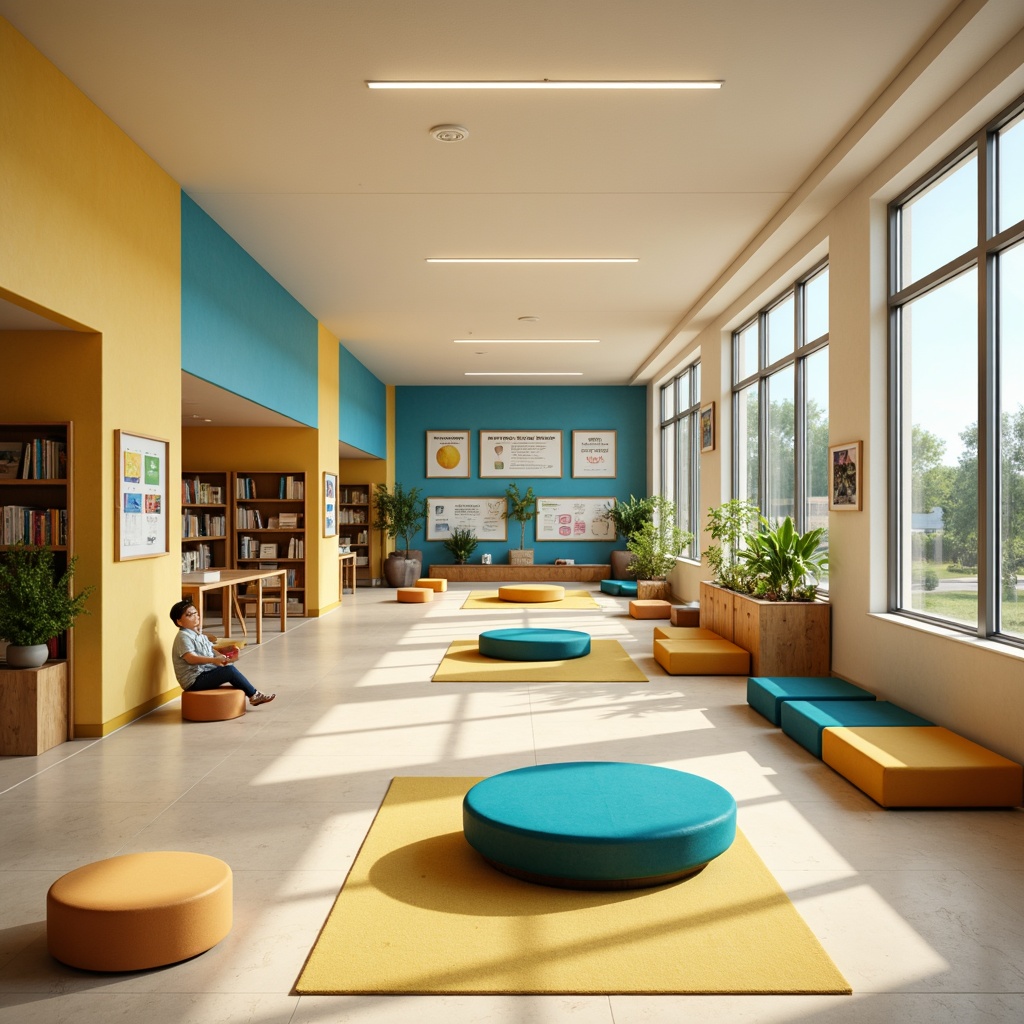 Prompt: Vibrant elementary school interior, warm beige walls, soft cream-colored floors, calming blue accents, energetic yellow furniture, lively green decorations, natural wood tones, cozy reading nooks, circular tables, comfortable cushions, educational charts, inspirational quotes, modern lighting fixtures, subtle texture contrasts, 1/1 composition, softbox lighting, realistic reflections.