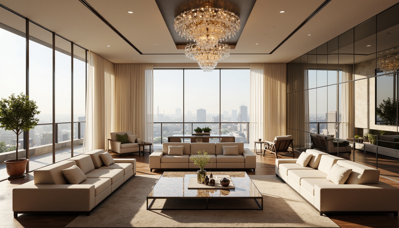 Prompt: Luxurious penthouse, transitional style, modern minimalist furniture, sleek metal frames, plush velvet sofas, polished marble coffee tables, crystal chandeliers, floor-to-ceiling windows, panoramic city views, soft warm lighting, 1/1 composition, shallow depth of field, realistic textures, ambient occlusion, rich wood flooring, cream-colored walls, elegant curtains, sophisticated color palette, harmonious space planning.