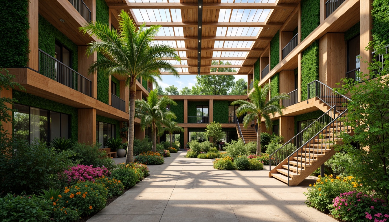 Prompt: Tropical public administration building, lush green walls, natural ventilation systems, wooden louvers, clerestory windows, high ceilings, spacious atriums, open corridors, vibrant colorful accents, rustic wood textures, earthy tone color palette, exotic plants, tropical flowers, bright sunny day, soft warm lighting, 3/4 composition, shallow depth of field, realistic textures, ambient occlusion.