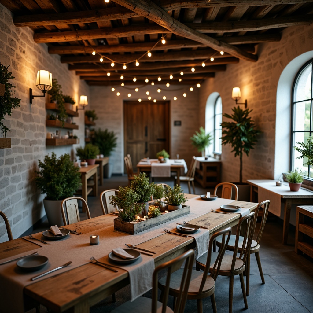 Prompt: Rustic wooden tables, vintage metal chairs, distressed finishes, natural linen tablecloths, potted plants, warm candlelight, earthy color palette, reclaimed wood accents, farmhouse-inspired decor, stone walls, exposed beams, cozy throw blankets, lantern-style lighting, soft warm glow, 1/2 composition, shallow depth of field, realistic textures.