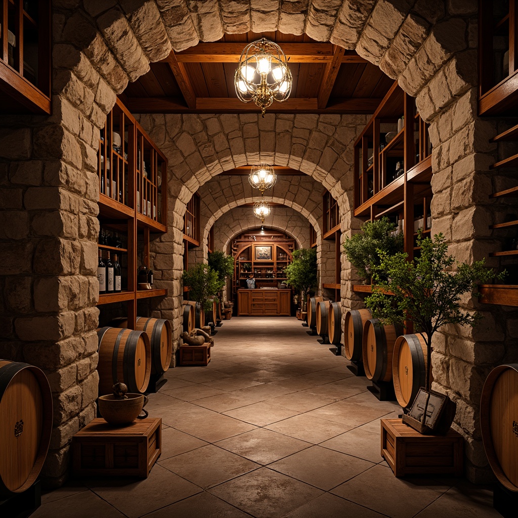 Prompt: Luxurious wine cellar, rich wood tones, ornate metalwork, elegant chandeliers, ambient warm lighting, rustic stone walls, wooden wine barrels, vintage wine crates, intricate carvings, sophisticated color palette, refined textures, antique furniture pieces, subtle aromas, dimly lit atmosphere, dramatic archways, lavish furnishings, opulent decorations.