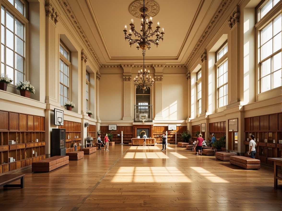 Prompt: Elegant gymnasium, neoclassical architecture, ornate wooden flooring, cream-colored walls, grand chandeliers, tall columns, athletic equipment, basketball hoops, volleyball nets, exercise machines, mirrored walls, leather-upholstered benches, vintage-inspired lockers, rich wood tones, polished metal accents, soft warm lighting, shallow depth of field, 2/3 composition, symmetrical view, realistic textures, ambient occlusion.