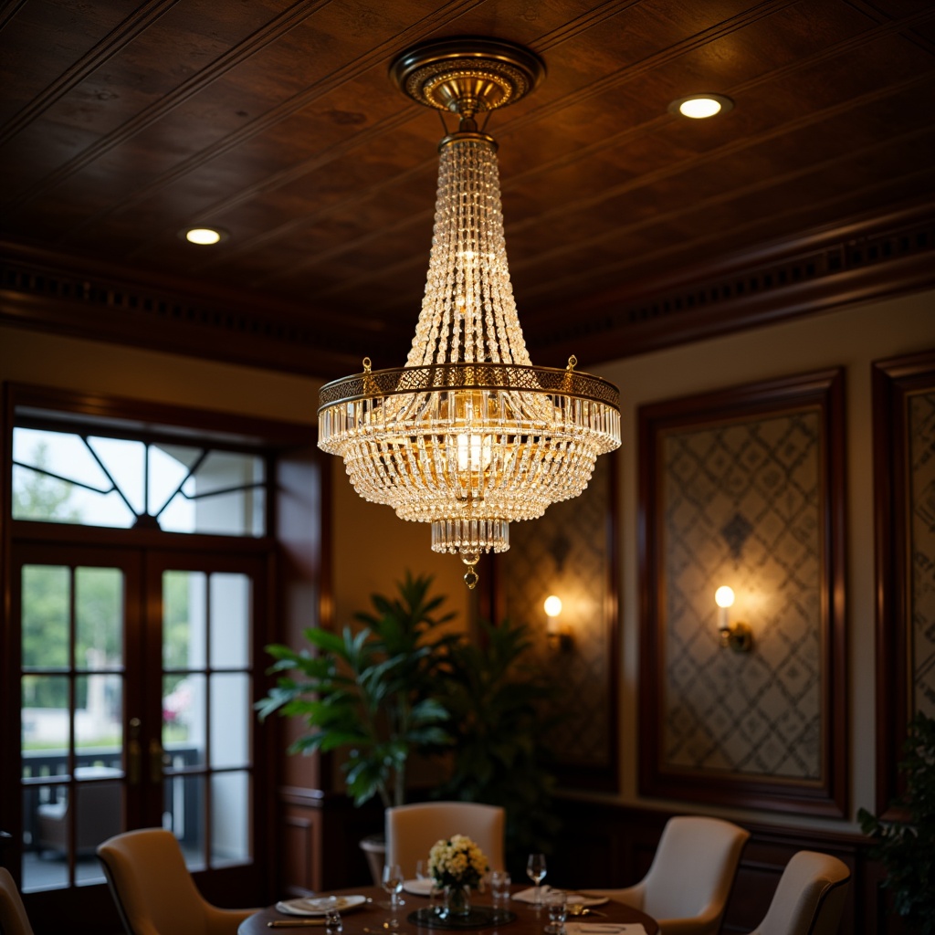 Prompt: Elegant chandelier, crystal droplets, ornate metalwork, soft warm glow, luxurious ambiance, high ceiling, opulent interior design, lavish furnishings, intricate patterns, refined textures, sophisticated color palette, subtle shading, 1/1 composition, shallow depth of field, realistic rendering.