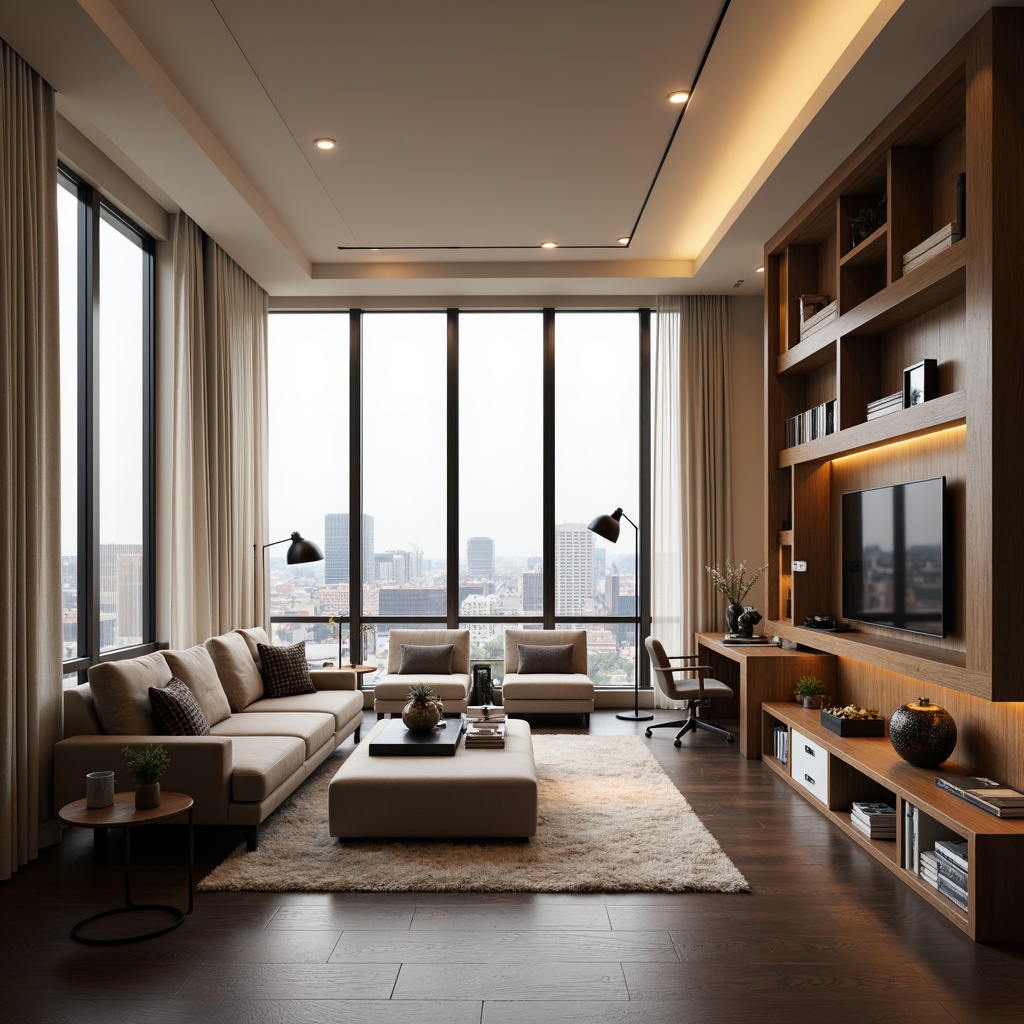 Prompt: Modern living room, comfortable couch, sleek coffee table, stylish armchairs, floor-to-ceiling windows, natural light, urban city view, warm beige walls, dark hardwood floors, minimalist decor, functional shelving units, hidden storage compartments, ergonomic desk, adjustable lamp, plush area rug, cozy throw blankets, soft warm lighting, 1/2 composition, shallow depth of field.