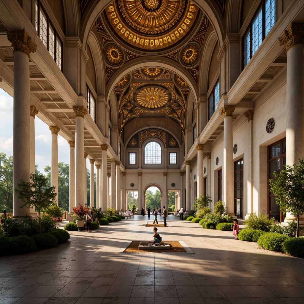 Prompt: Sacred grand mosque, expansive prayer hall, ornate mihrab, intricate arabesque patterns, golden domes, minarets, natural stone flooring, marble columns, vaulted ceilings, stained glass windows, soft warm lighting, shallow depth of field, 3/4 composition, panoramic view, realistic textures, ambient occlusion, serene ambiance, peaceful atmosphere, lush greenery, vibrant flowers, water features, fountains, tranquil courtyards.