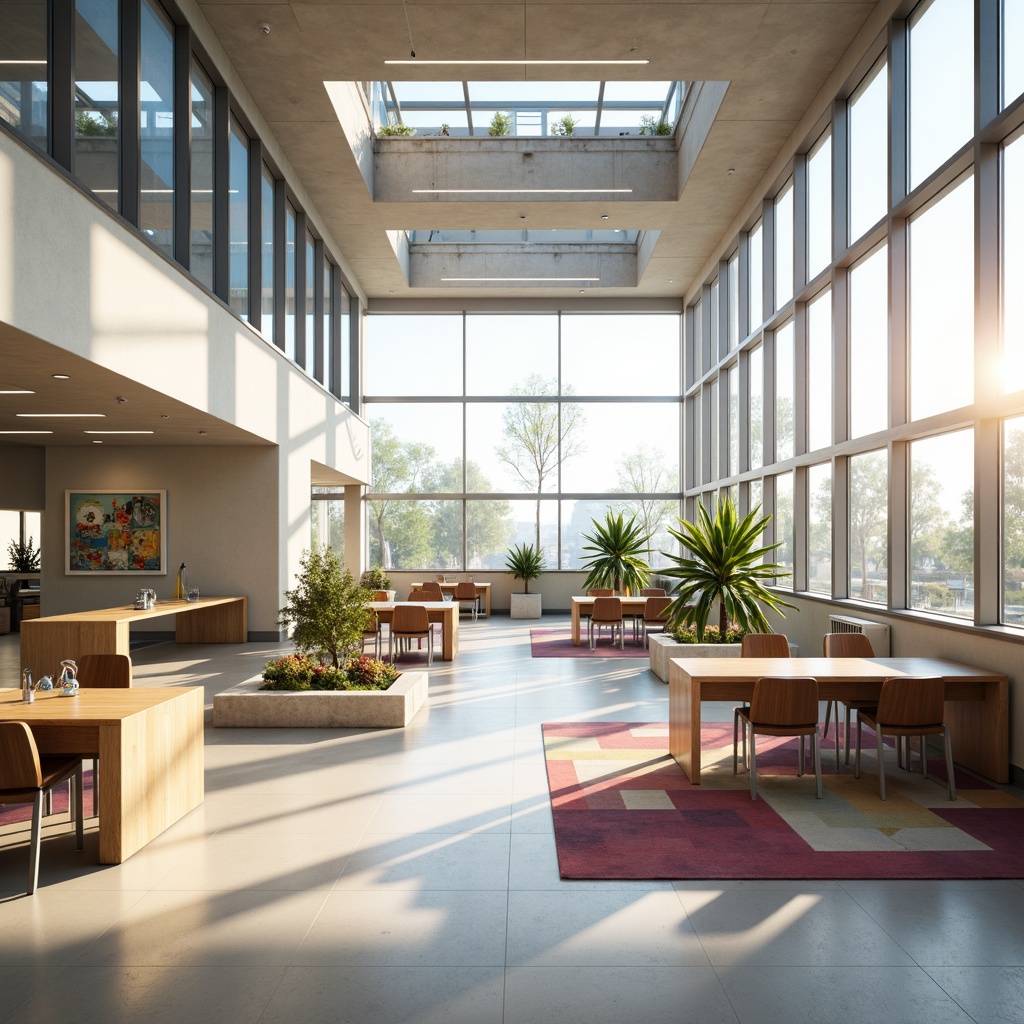 Prompt: Bright classroom interior, large windows, transparent glass walls, clerestory windows, skylights, minimal window frames, light-colored floors, reflective surfaces, soft warm lighting, indirect natural light, shallow depth of field, 1/1 composition, panoramic view, realistic textures, ambient occlusion, educational posters, colorful rugs, ergonomic chairs, wooden tables, modern furniture design, open learning spaces, collaborative seating areas.