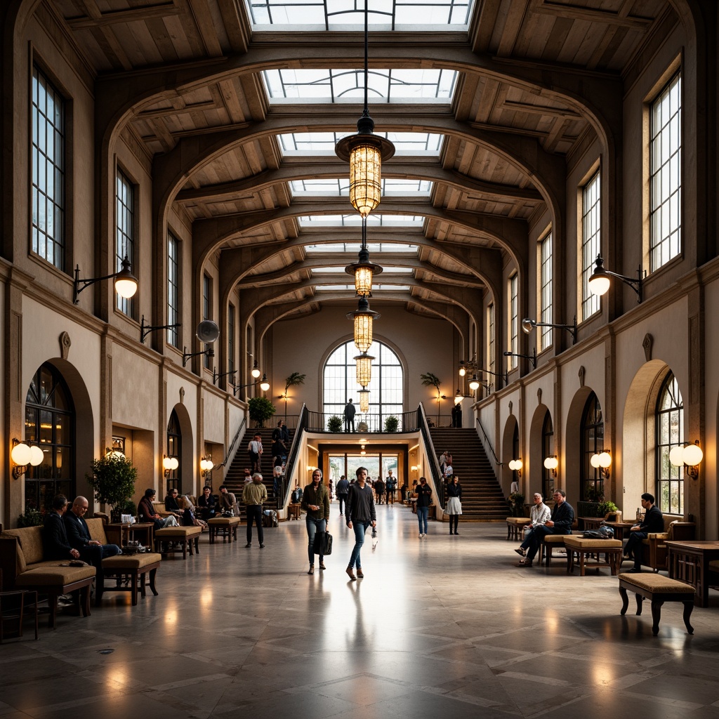 Prompt: Grandiose train station, high ceilings, elegant chandeliers, ornate metalwork, vintage luggage racks, wooden benches, sophisticated lighting fixtures, pendant lamps, circular ceiling lights, grand staircase, marble floors, classic columns, arches, warm neutral tones, soft diffused light, 1/1 composition, shallow depth of field, realistic textures, ambient occlusion.