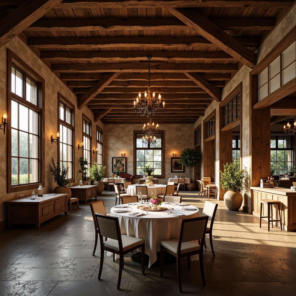 Prompt: Rustic farmhouse dining hall, exposed wooden beams, vintage metal chandeliers, pendant lamps, candlelit tables, distressed wood flooring, natural stone walls, earthy color palette, warm cozy ambiance, soft golden lighting, layered textures, shallow depth of field, 1/1 composition, intimate atmosphere, family gathering setting, afternoon sunlight streaming through windows, gentle shadows, relaxed mood.