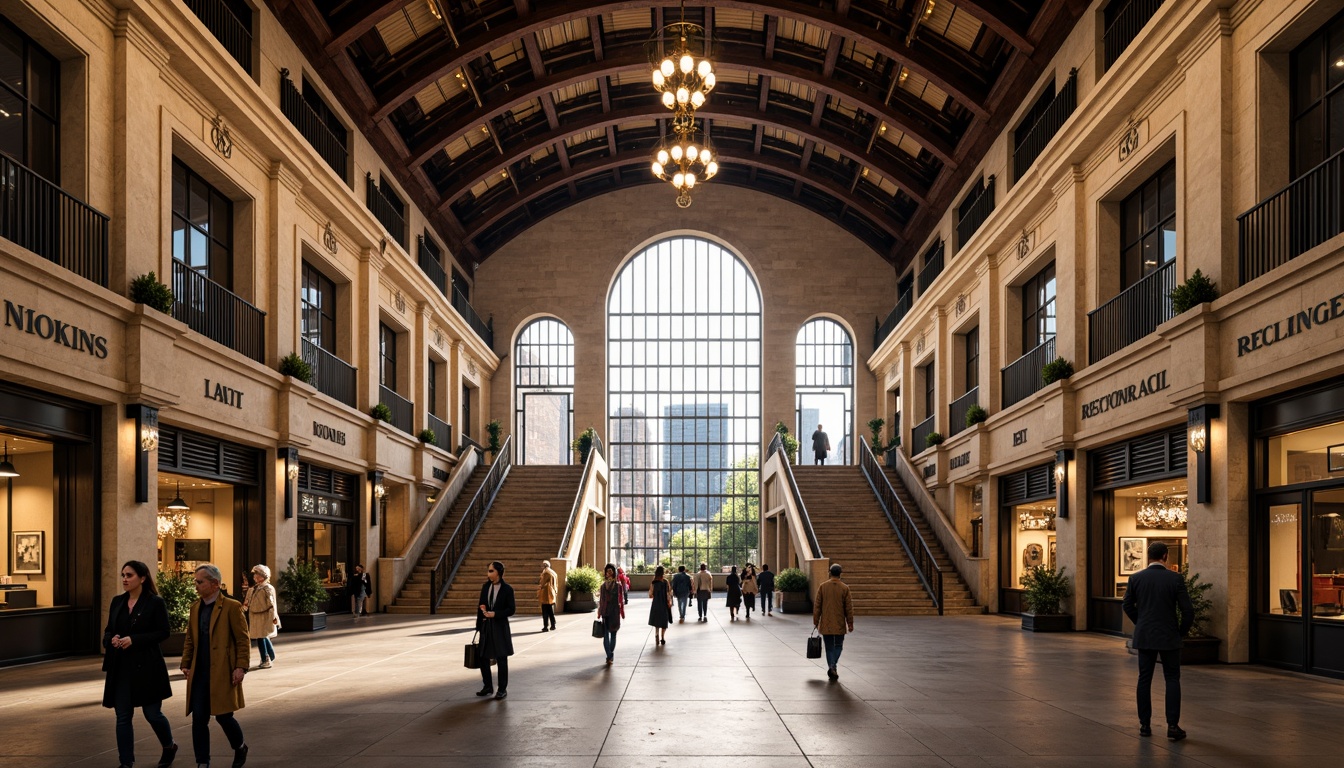 Prompt: Grand train station, high-arched ceiling, ornate chandeliers, elegant wooden accents, vintage luggage racks, classic clock towers, natural stone walls, sweeping staircases, modern academic style, minimalist metal beams, industrial chic lighting, exposed ductwork, polished concrete floors, sophisticated color schemes, urban cityscape views, bustling pedestrian traffic, warm atmospheric glow, shallow depth of field, 1/2 composition, realistic textures, ambient occlusion.