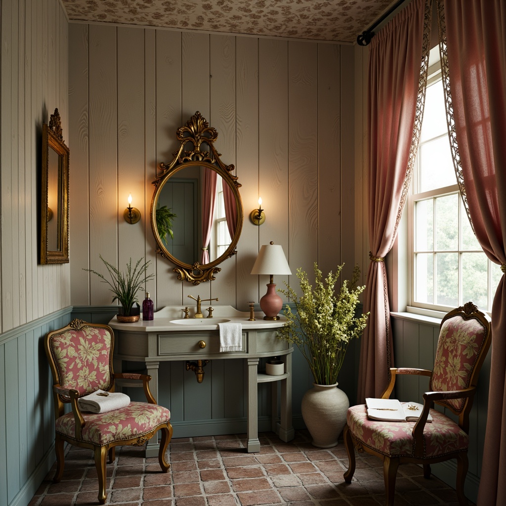 Prompt: Rustic powder room, distressed wooden paneling, soft pastel colors, ornate gold mirrors, delicate floral patterns, vintage perfume bottles, antique furniture, velvet drapes, lace trim, natural stone flooring, warm candlelight, shallow depth of field, 1/1 composition, intimate atmosphere, realistic textures, ambient occlusion.