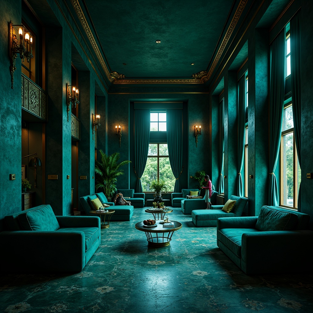 Prompt: Malachite-inspired color palette, rich turquoise hues, deep blues, emerald greens, gold accents, luxurious velvet textures, ornate patterns, antique bronze fixtures, mysterious ambiance, low-key dramatic lighting, cinematic depth of field, 1/1 composition, realistic reflections, ambient occlusion.