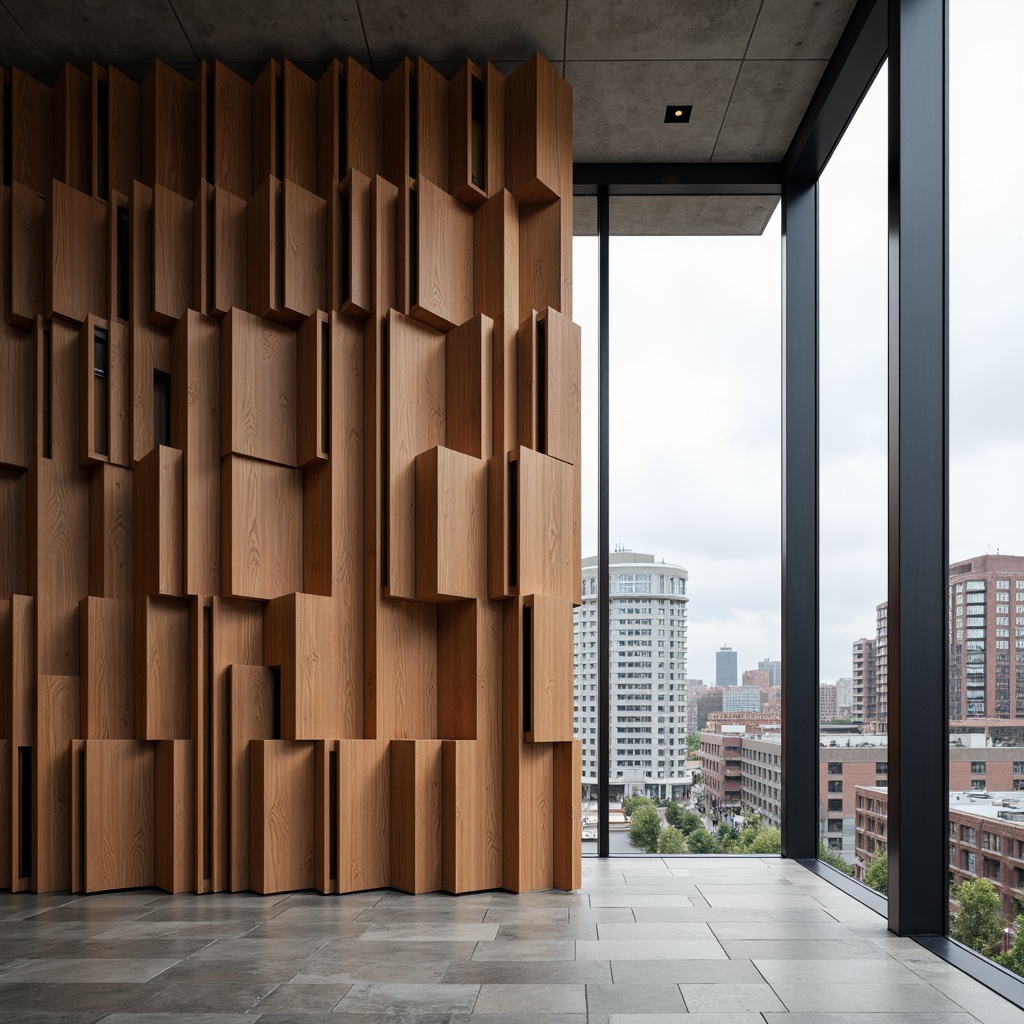 Prompt: Dramatic accent wall, bold geometric pattern, rich wood texture, contrasting color scheme, modern minimalist architecture, sleek metal frames, floor-to-ceiling windows, natural stone flooring, urban cityscape view, cloudy day, soft diffused lighting, shallow depth of field, 2/3 composition, realistic material rendering, ambient occlusion.