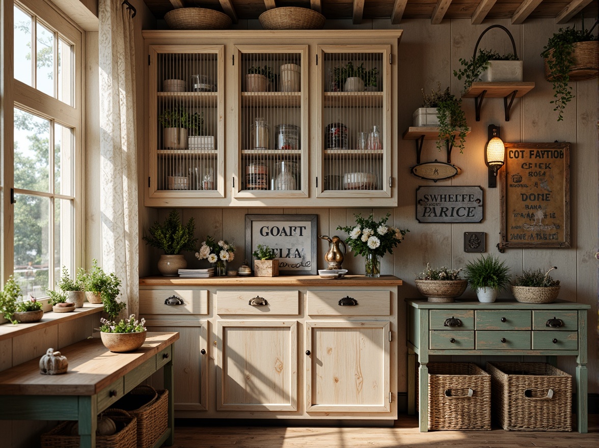 Prompt: Distressed wooden cabinets, vintage metal signs, soft pastel colors, lace curtains, woven baskets, ornate ironwork, distressed finishes, antique hardware, floral patterns, rustic wooden crates, soft warm lighting, cozy atmosphere, 3/4 composition, shallow depth of field, realistic textures, ambient occlusion.