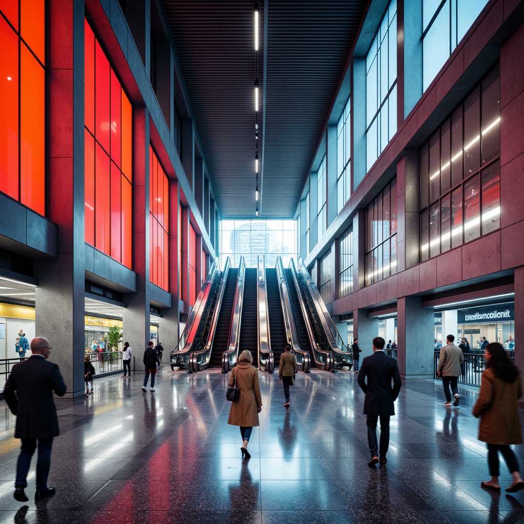 Prompt: Vibrant metro station, modern architecture, bold color accents, neon signage, sleek metal columns, polished granite floors, futuristic lighting fixtures, geometric patterned walls, dynamic escalators, rushing commuters, urban atmosphere, natural stone cladding, angular lines, minimalist design, ample natural light, shallow depth of field, 1/2 composition, realistic textures, ambient occlusion.