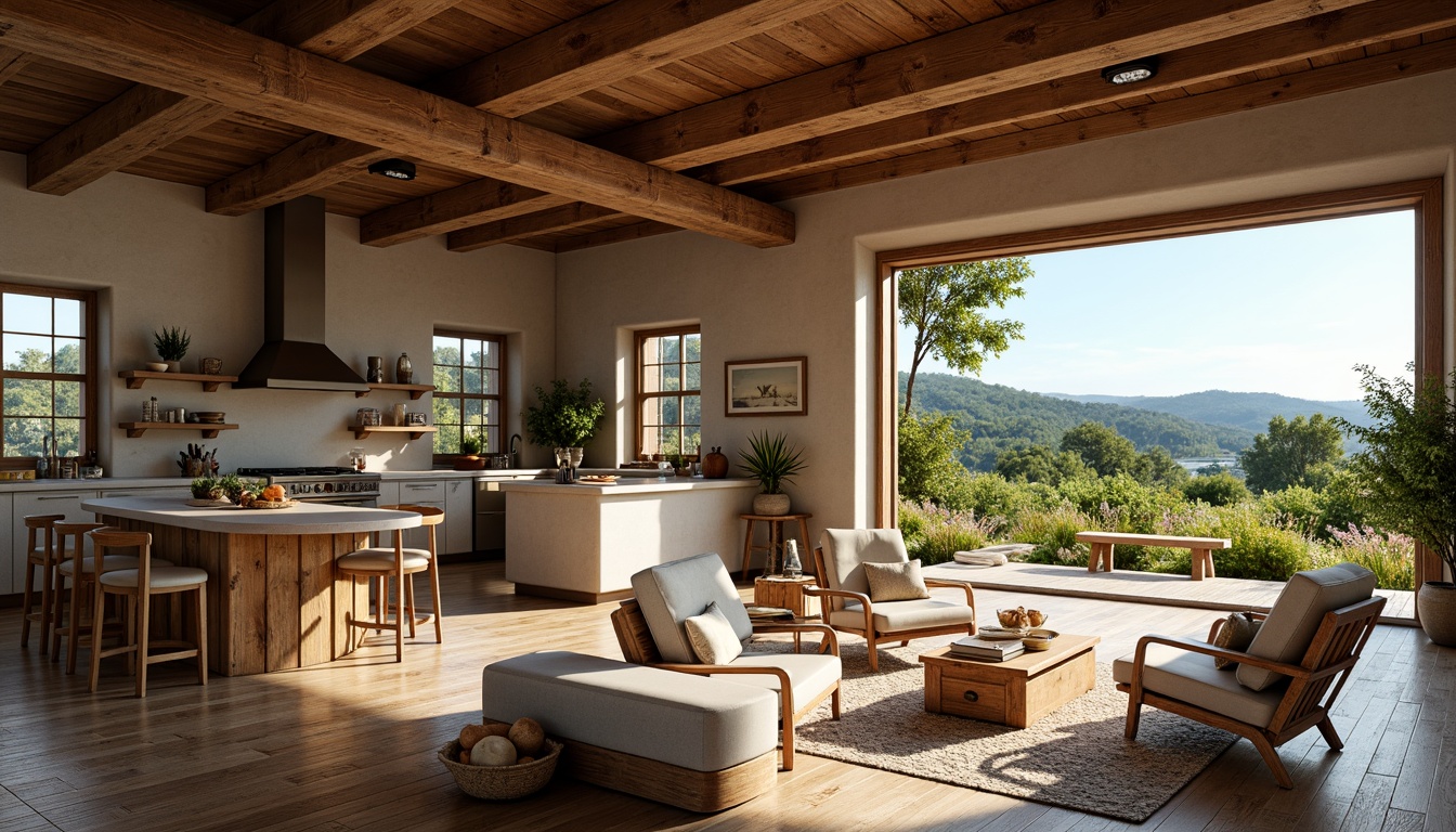 Prompt: Rustic farmhouse, open floor plan, high ceilings, wooden beams, natural stone walls, country-style kitchen, vintage appliances, reclaimed wood flooring, cozy living area, plush furniture, earthy color palette, large windows, sliding glass doors, rolling hills, lush greenery, wildflowers, sunny day, soft warm lighting, shallow depth of field, 3/4 composition, panoramic view, realistic textures, ambient occlusion.