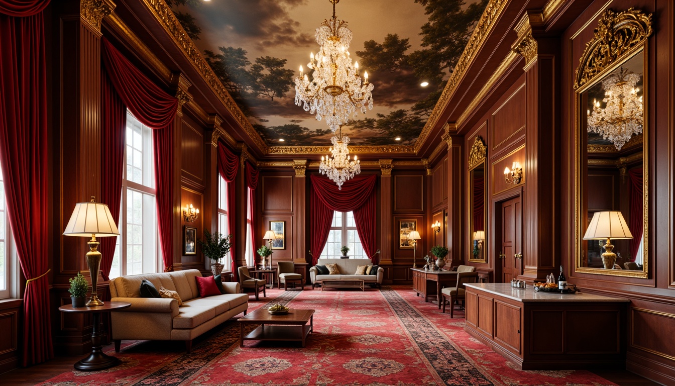 Prompt: Luxurious velvet fabrics, rich brocade patterns, ornate golden accents, lavish crystal chandeliers, intricately carved wooden furniture, opulent marble countertops, grandiose ceiling murals, dramatic red velvet drapes, regal throne-like seating, gilded mirror frames, extravagant floor-to-ceiling curtains, majestic crown molding, soft warm candlelight, 1/1 composition, intimate close-up shots, realistic textures, ambient occlusion.