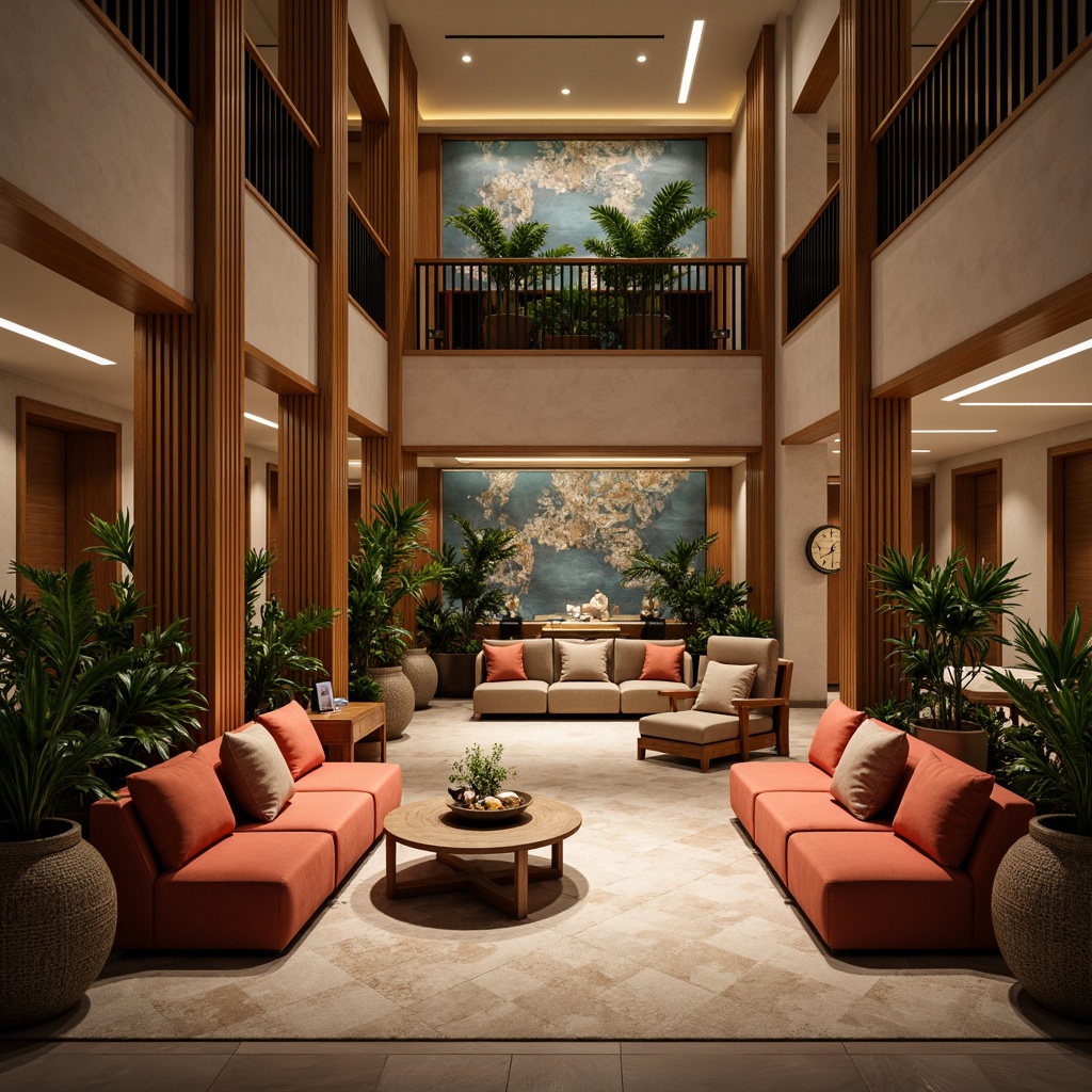 Prompt: Warm inviting lobby, rich wood accents, plush furnishings, soft golden lighting, calming natural hues, earthy terracotta tones, soothing blue-green colors, luxurious velvet textures, elegant metallic finishes, sophisticated neutral backgrounds, vibrant coral pops, refreshing citrus shades, lush greenery, tropical plant patterns, exotic wooden decorations, ambient warm glow, shallow depth of field, 3/4 composition, realistic renderings.