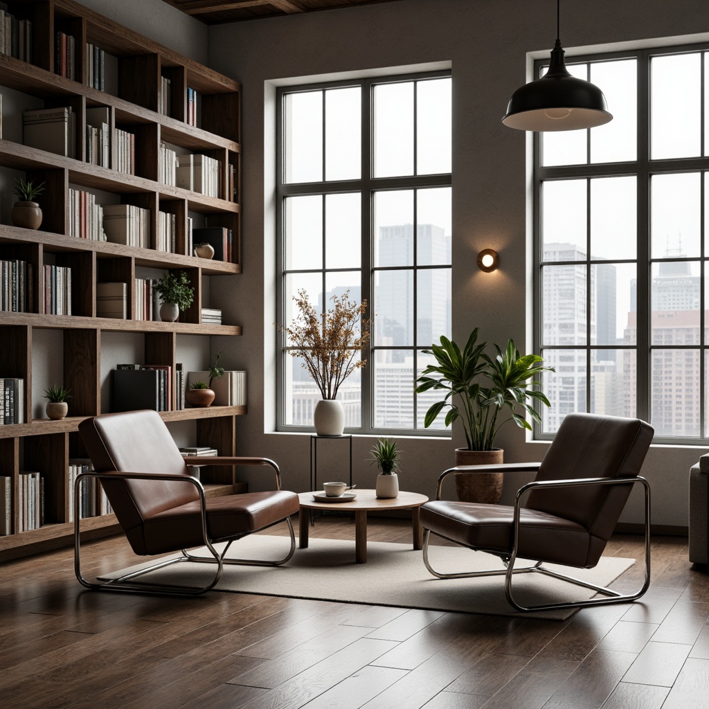 Prompt: Geometric-shaped armchairs, tubular steel frames, leather upholstery, minimalist coffee tables, industrial-style lamps, functional shelving units, rectangular-shaped side tables, monochromatic color schemes, polished wood floors, large windows, natural light, urban loft atmosphere, 1/1 composition, high-key lighting, subtle textures, ambient occlusion.