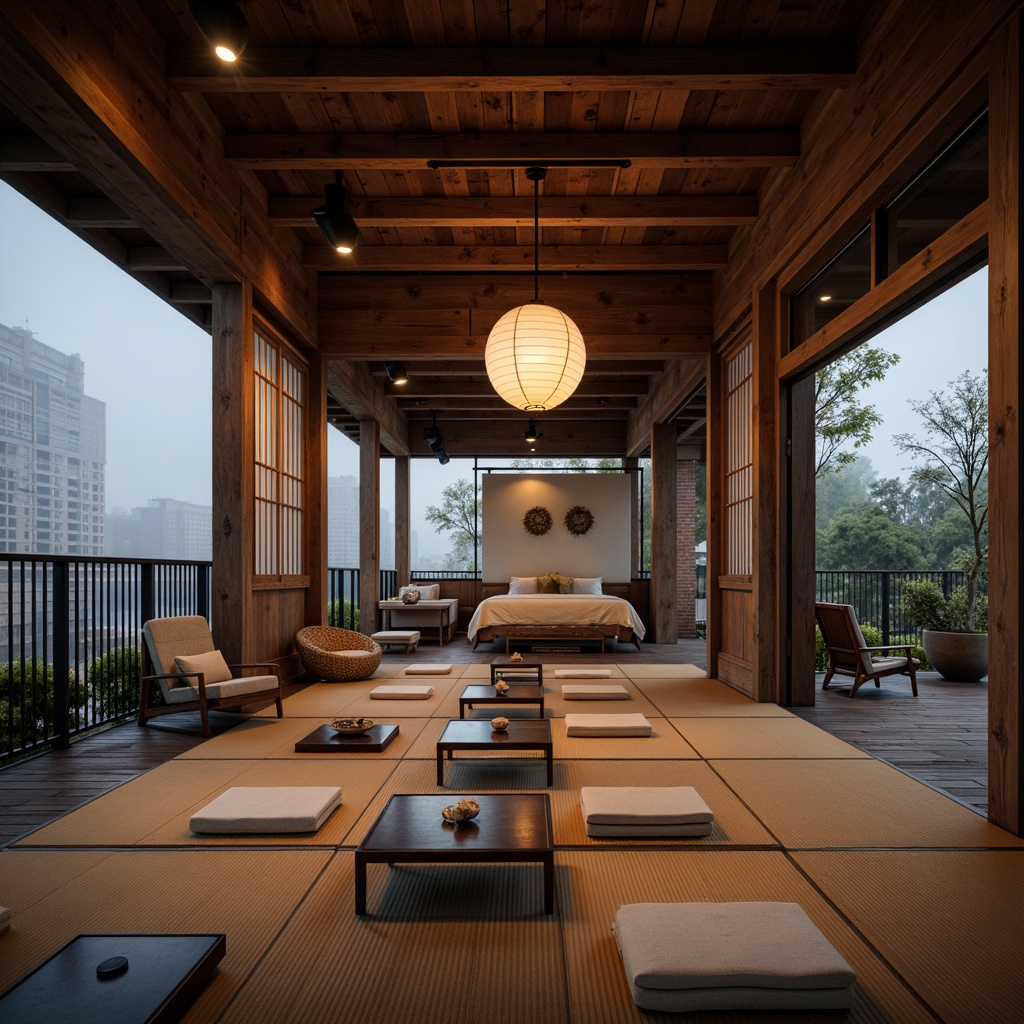 Prompt: Traditional Japanese tatami rooms, rustic wooden accents, paper lanterns, sliding shoji doors, natural fiber textiles, industrial metal beams, reclaimed wood flooring, exposed brick walls, modern minimalist decor, subtle neon lighting, urban cityscape views, foggy misty atmosphere, shallow depth of field, 1/1 composition, realistic textures, ambient occlusion.