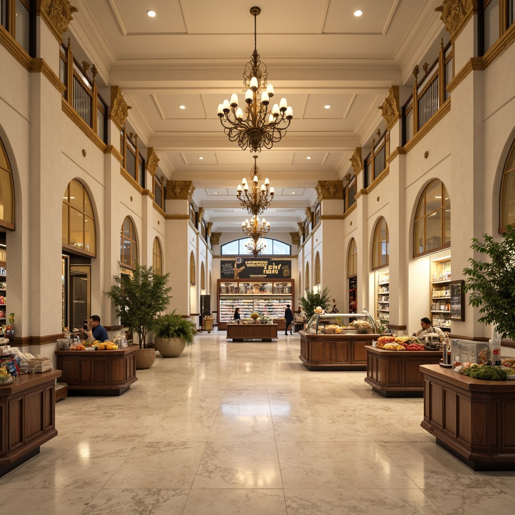 Prompt: Elegant grocery store, ornate chandeliers, warm soft lighting, creamy white walls, rich wood accents, decorative pilasters, arched doorways, polished marble floors, vintage-inspired signage, classic typography, subtle color palette, warm beige tones, soft shadows, 1/2 composition, symmetrical framing, realistic textures, ambient occlusion.