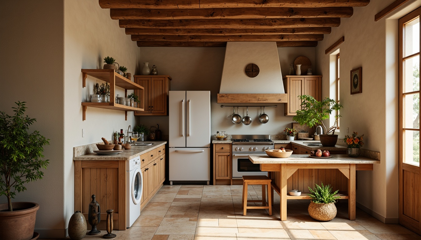 Prompt: Rustic country kitchen, warm beige walls, wooden cabinetry, terrazzo countertops, earthy brown tones, natural stone flooring, distressed wood accents, vintage metal hardware, soft warm lighting, shallow depth of field, 3/4 composition, realistic textures, ambient occlusion.