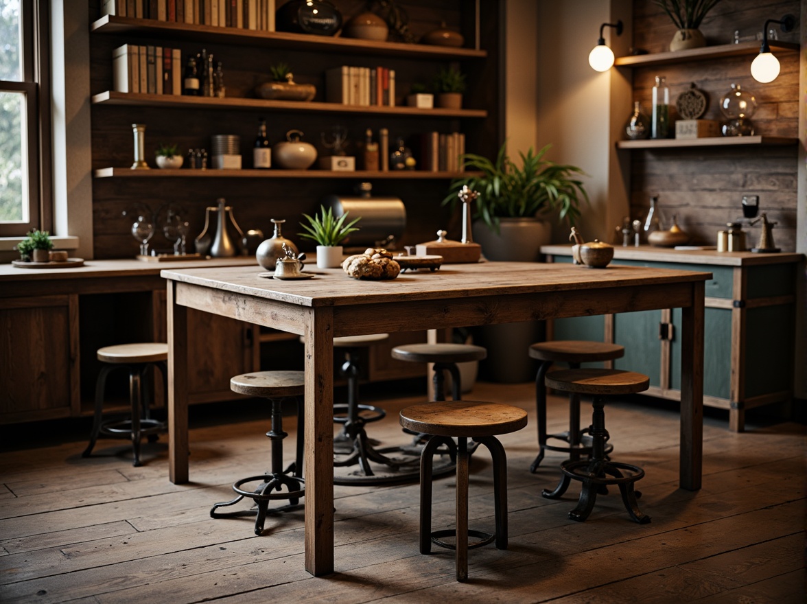 Prompt: Rustic wooden workbenches, vintage metal stools, antique scientific instruments, distressed leather-bound tomes, ornate wooden cabinets, classic laboratory chairs, traditional-style shelving units, earthy tone color scheme, warm soft lighting, shallow depth of field, 1/2 composition, realistic textures, ambient occlusion.